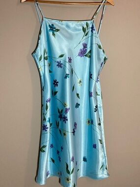 Light Blue Floral Satin Slip Dress Nighty Sz L
